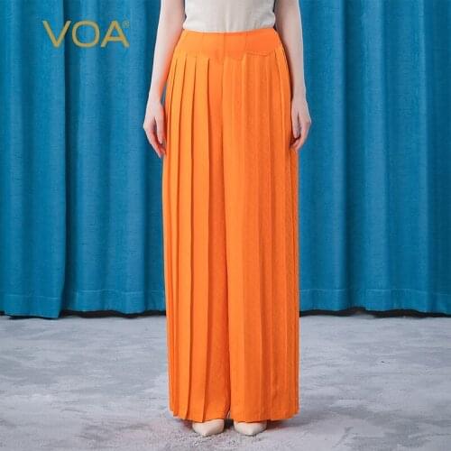 VOA Silk Jacquard Bright Orange Natural Waist Multi Piece Stitching Side Pocket Literary Organ Pleated Wide Leg Trousers KE289