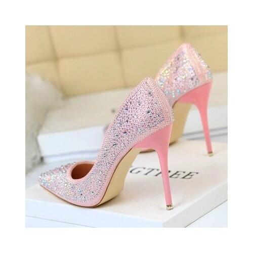 Cinderella Glass Pointed High Heels 7/10CM Crystal Silver Women Pumps Rhinestones Flowers Wedding Shoes Woman Ladies Bridal Shoe