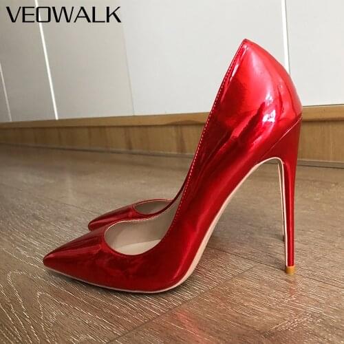 Veowalk Glossy Red Women Pointed Toe Stiletto Pumps Elegant Ladies Solid Slip On High Heel Wedding Bridal Shoes Plus Size 33-45
