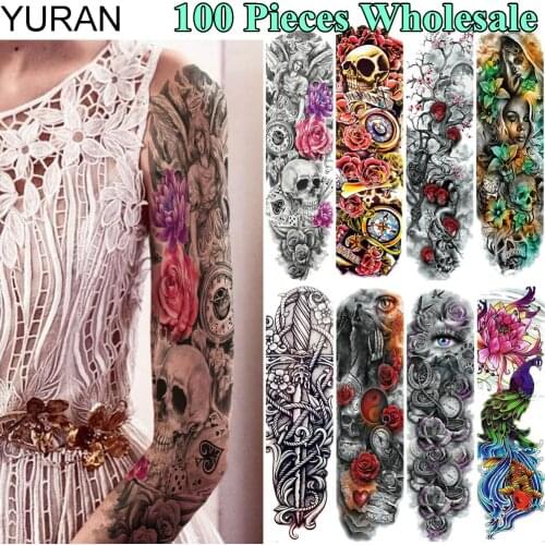 YURAN 100 Pieces Wholesale Full Arm 48x17 Tattoo Temporary Long Leg Body Art Tatoo Statue Of Liberty Fake EYE Tattoo Sticker DIY