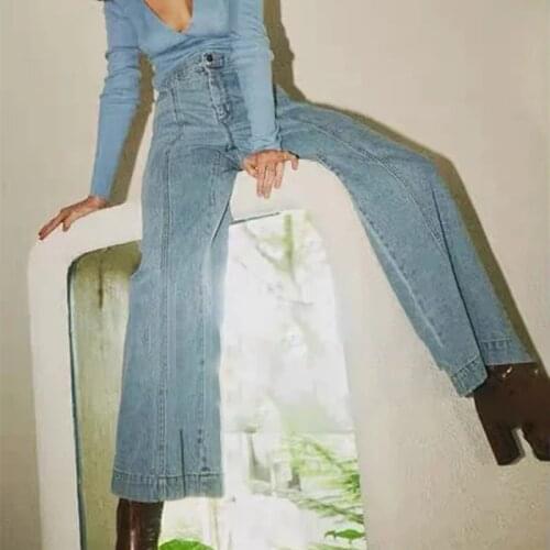 Jean rétro Femme en vrac Patchwork poches Pantalon droit Long Pantalon dame taille haute élégant décontracté Chic Jeans