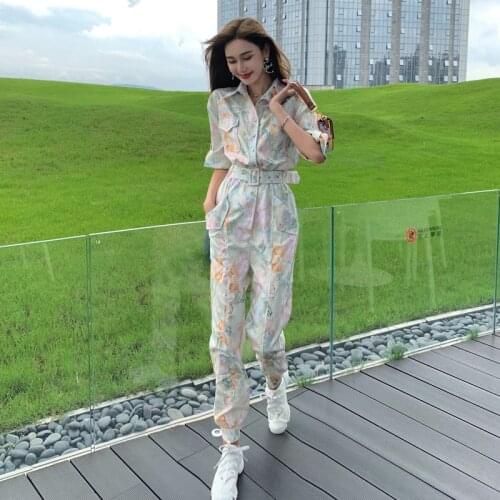 Popular Floral Prints Summer Safari Style Women Jumpsuit Casual Cool Streetwear Belted Waist Jumpsuits