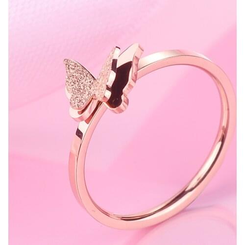 Leisure Style Elegant Rose Gold Color Frosted Butterfly Rings For Women No Fading Stainless Steel Female Jewelry Party Gift