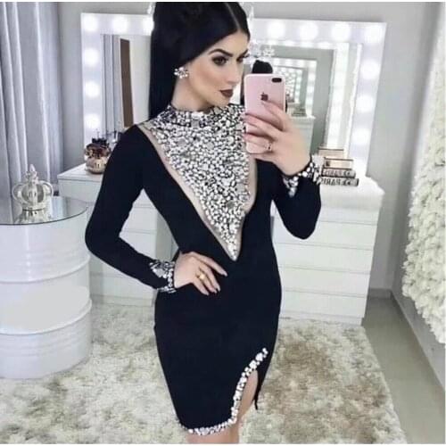 High Quality Bodycon Women Bandage Dress Vestido 2018 Sexy Black Beading Long Sleeve Stretch Club Celebrity Evening Party Dress