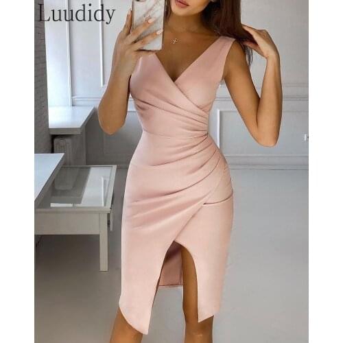 Women Solid Color V-Neck Sleeveless Wrap Ruched Hem Slit Bodycon Dress