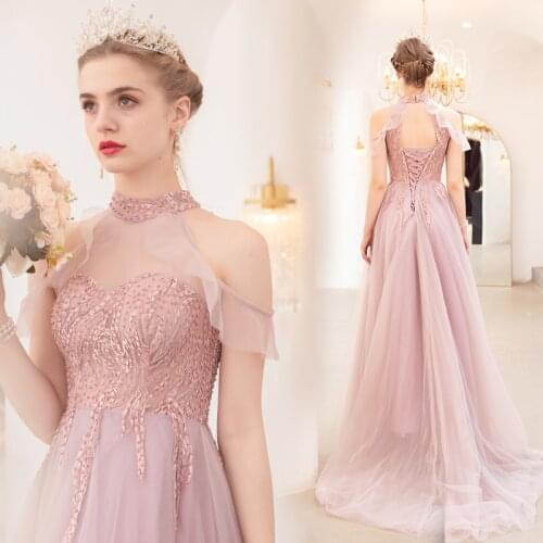 Sexy V-neck Evening Dress Robe De Soiree 2019 High Quality Grey Tulle With Applique Evening Dresses Real Photo