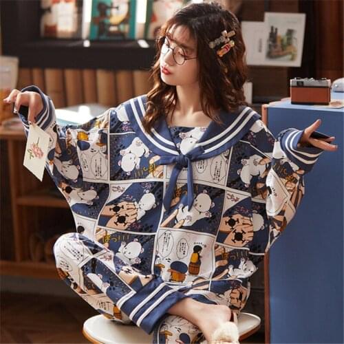 Pajamas cartoon college style autumn cotton loose plus size sleepwear womens casual home service 2PCs new arrival 2020 pijamas