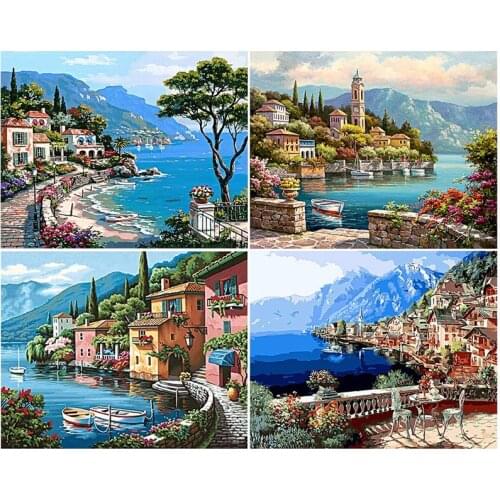 4 Pcs Coastal City DIY Diamond Painting Venice Castle Decor Cross Stitch Full Round Drill Resin Art Gift Home Decor