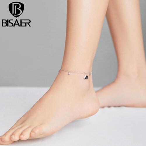 Bisaer 925 Sterling Silver Chain Link Women Bracelets Love Anklet Silver Bracelets Lobster Clasp Silver Fine Jewelry ECT021