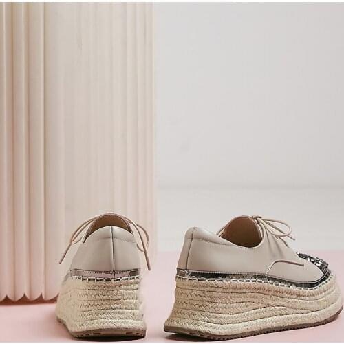 Mezereon Women Flats Luxury Crystals Espadrilles Med Heel Platform Casual Shoes Lace Up Creepers Genuine Leather Female Shoes