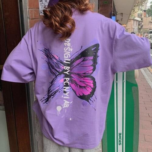 Purple Butterfly Print T-shirt Women Loose Ins Bf Harajuku Tshirt 2020 Summer Fashion Oversize T Shirt Streetwear L0613