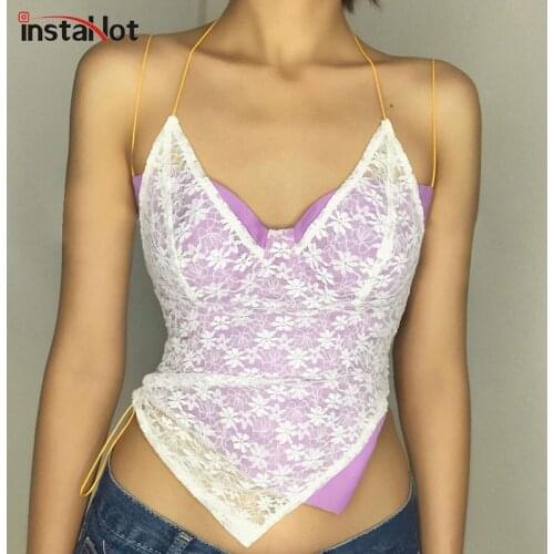 InstaHot Lace Sexy Crop Top 2021 Summer Patchwork Backless Bandage Halterneck Top Elegant Streetwear V Neck Asymmetric Cmais