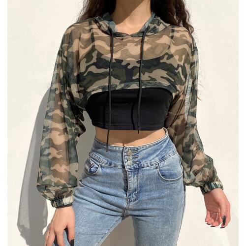 Camouflage Print Long Sleeve Sweatshirt Crop Top Mesh Transparent Women T-shirt Tops Harajuku Smocked Tee Shirt Graphic Tees