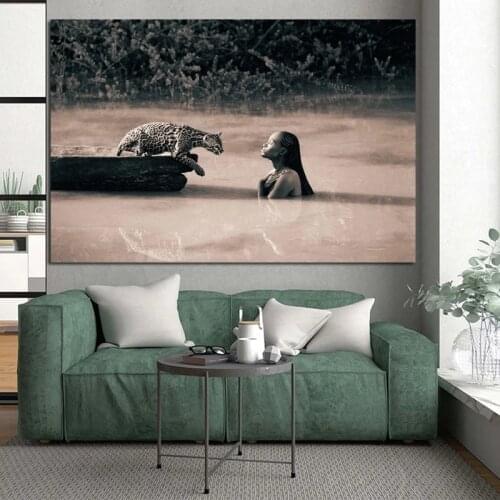Large Size A Woman Leopard Nature Art Canvas Painting Wall Picture for Living Room Photo Print Home Decor