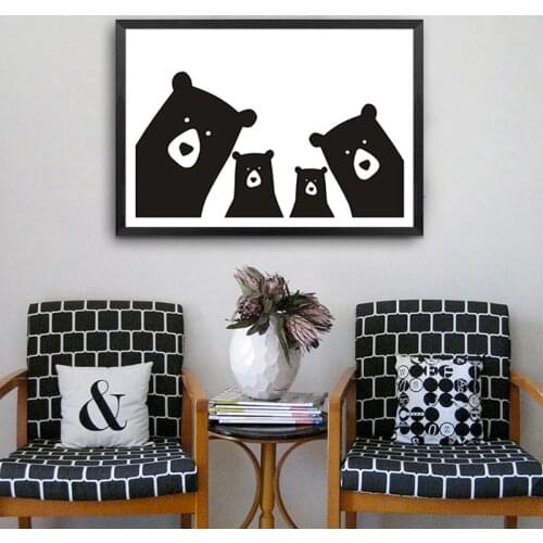 Cute Bear Family Animal Canvas Painting Black White Cartoon Poster Print Nordic Wall Picture Art Nursery Kids Room Home Decor