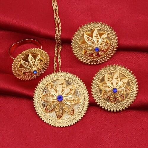 Gold Flowers Set Jewelry Women Gold Color Pendant Necklace Earrings Ring African Arabian Ethiopian Jewellery
