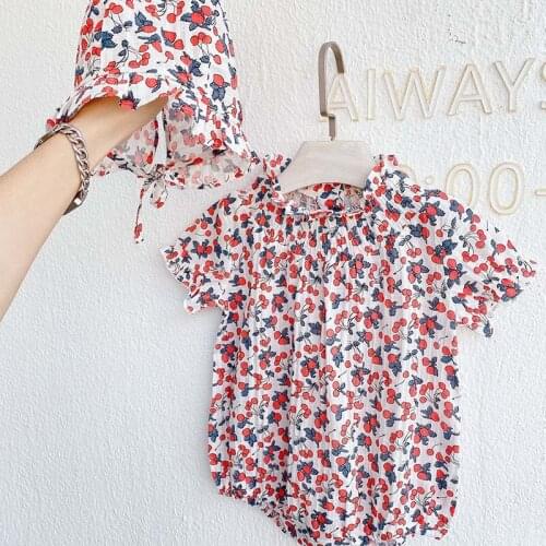 Summer New Baby Bodysuit Cherry Print Girls Jumpsuit Ruffle Collar Short Sleeve Toddler Clothes