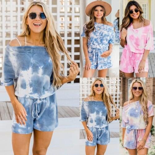 New Summer Womens Tracksuit Fashion 2021 Tie Dye T-shirt With Short Sleeve+Straight Shorts 2 Piece Suit Sexy Slash-Neck Tops