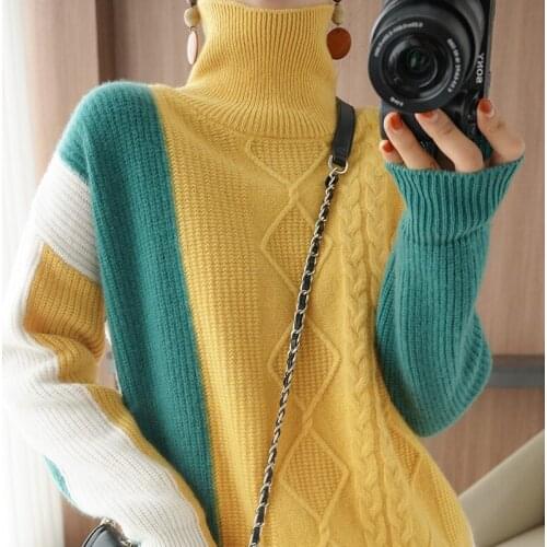 2021 Autumn And Winter New Cashmere Sweater Turtleneck Pullover Color Matching Loose And Thin Wool Knit Sweater Base Sweater
