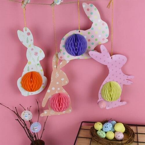 4pcs Easter Party Rabbit Pendant Paper Pompom Ball Bunny Decor Happy Easter Kids Birthday Hanging Decoration Childrens Day Gift