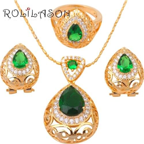 ROLILASON yellow Gold Tone Crystal Health free Earring Pendant Necklace Ring jewelry set for women size #6.75 #7.5 #8.5 JS308