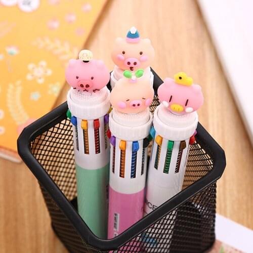 2Pcs 10 Colors Carton Lovely Pig Press Ballpoint Pen Student Funny Creative Marker Colored Pen Doodle