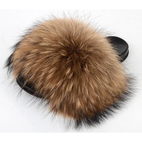 Spring Womens Shoes Fluffy Fox Fur Female Slides Cute Raccoon Fur Slippers Ladies Furry Flip Flops Indoor Warm Plush Sandals