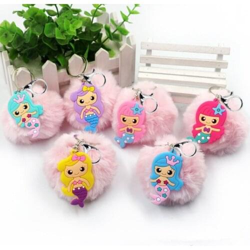 Mermaid Party Favors Cute Fluffy Fur Mermaid Key Chain Pendant Girls Birthday Party Decorations Baby Shower Gifts Party Supplies