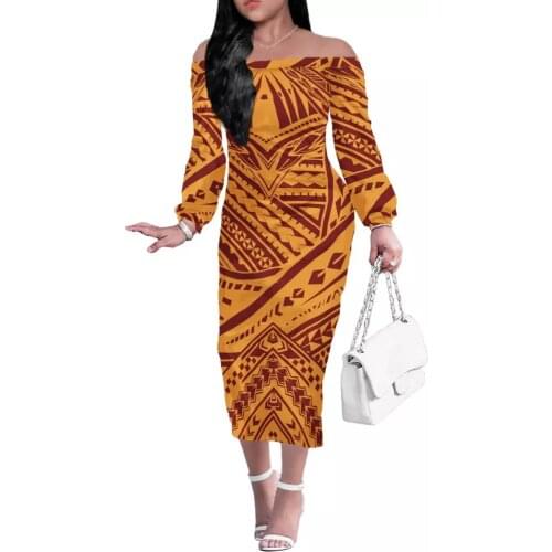 HYCOOL Off Shoulder Party Dresses Women Lady Hawaii Flower Print Polynesian Long Sundress Sexy Ladies Sexy Slash neck Vestido