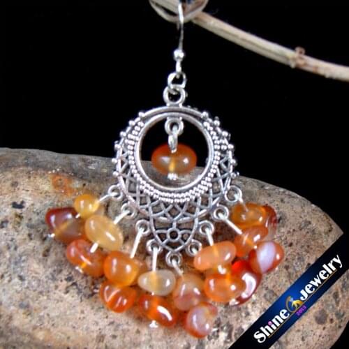 Fashion Jewelry Vintage Tibetan Silver Exotic Dangle Pendant 100%Natural Stone Red Agates drop Exaggeration big Earrings 2pcs