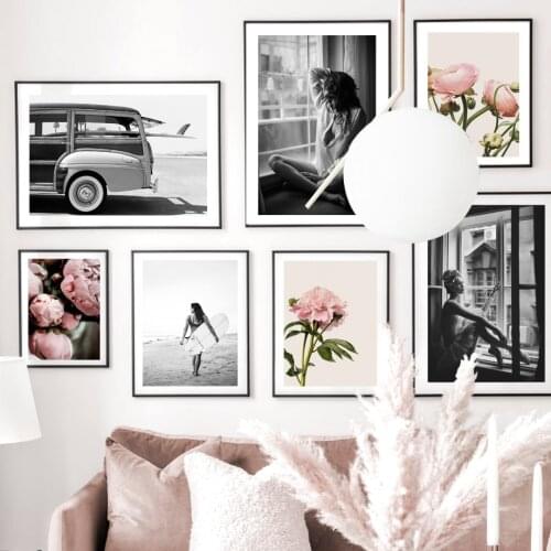 Vintage Nordic Poster Beach Surfer Girl Window Ballet Flower Van Wall Art Print Canvas Painting Decor Pictures For Living Room