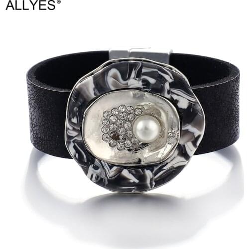 ALLYES Trendy Blue Black Leather Bracelets for Women Crystal Metal Enamel Pearl Charm Wide Cuff Bracelet Statement Jewelry