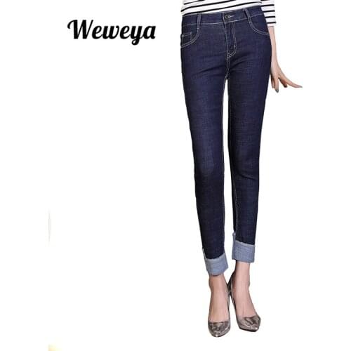 Weweya Stretch Jeans Female Skinny Pencil Denim Pants Slim Trousers For Women Jeans Femme Ankle-Length Cuffs Black Jeans