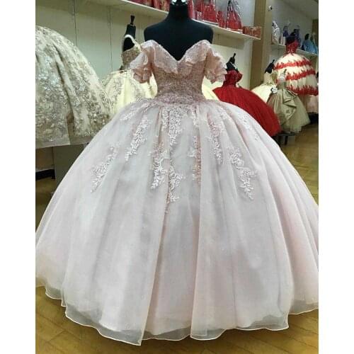 Short Sleeve Off Shoulder Quinceanera Prom Dresses Ball Gown Pink Dress Sweet 16 Girls Lace Beaded Bandage Graduation Party Dres