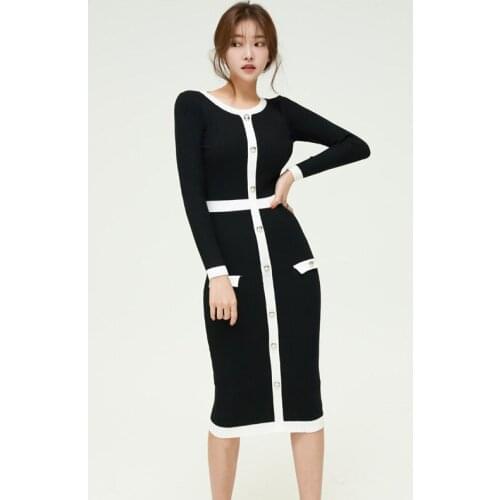 Women Elegant Spring Classy Office Casual Midi Knitted Sweater Slim Button Bodycon Sheath Dress