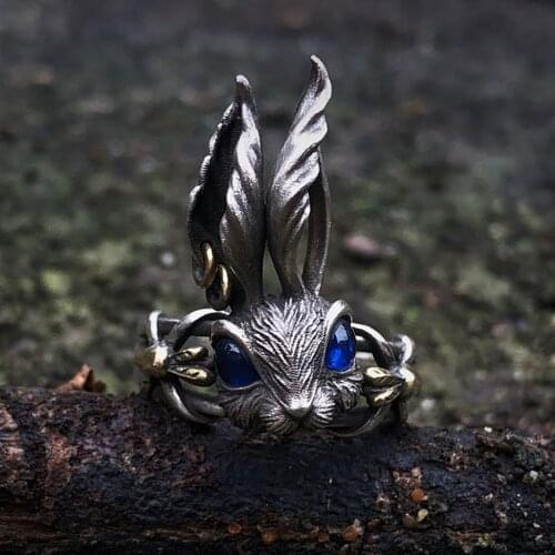 3D Vintage Blue Eyes Bunny Opening Ring for Women Cute Big Ears Rabbit Retro Silver Color Men Ring Fashion Jewelry Birthday Gift