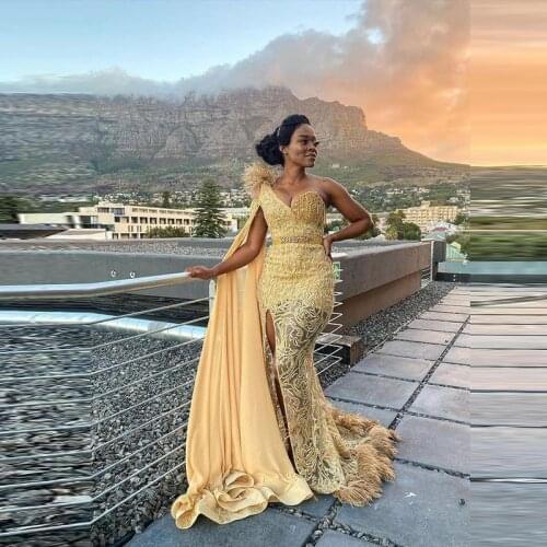 Gold One Shoulder Lace Prom Dresses Aso Ebi Sexy Side Split Dubai Arabic Party Gowns See Through Mermaid Evening Dress