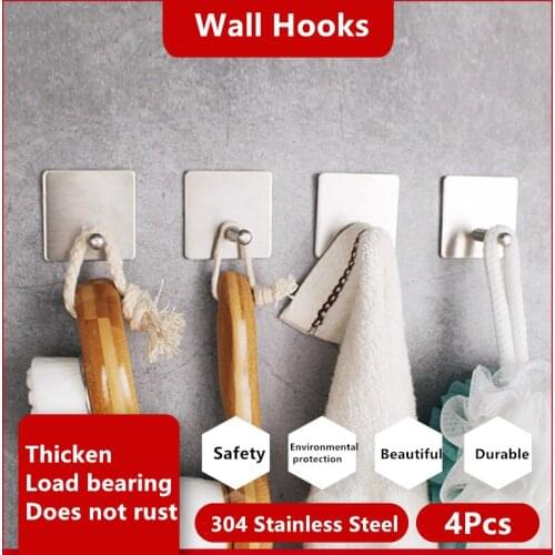 4Pcs 304 Stainless Steel Wall Hook Self Adhesive Sticky Kitchen Bathroom Key Bag Coat Hanger Storage Hanging Holder Rack