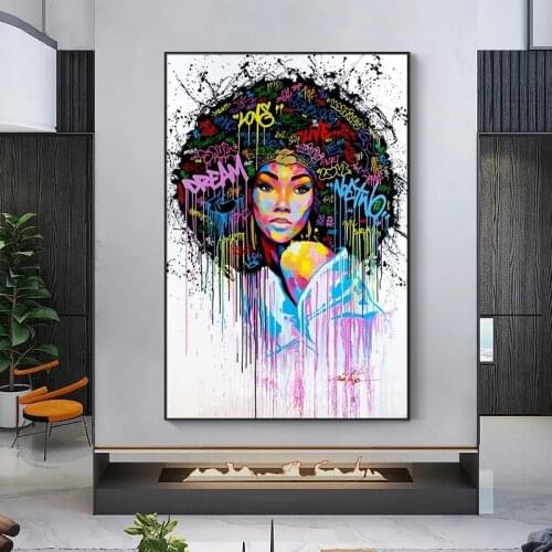 Abstract African Girl Canvas Paintings Graffiti Art Posters and Prints Street Wall Art Pop Girl Wall Pictures for Living Room