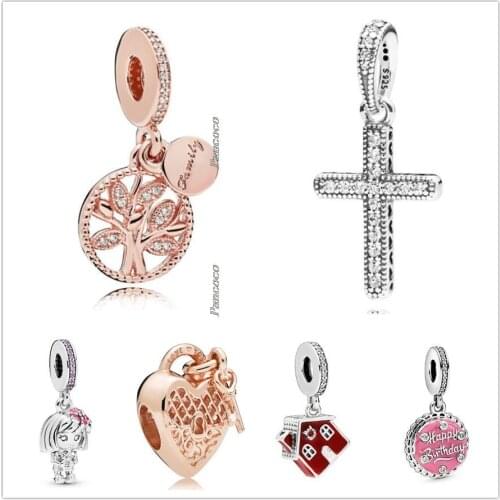 Authentic 925 Sterling Silver Pink Birthday Cake With Happy Birthday Pendant Charm Beads Fit Pandora Bracelet & Necklace Jewelry