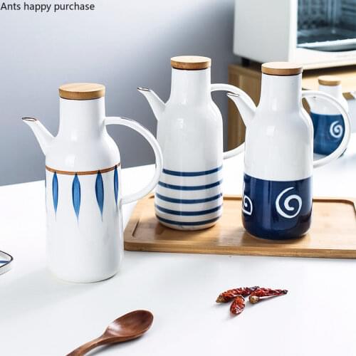Wooden Cover Oil Can Ceramics Oil Bottle Soy Sauce Vinegar Pot Seasoning Pot Kitchen Spice Container Seasoning Box Spice Bottle
