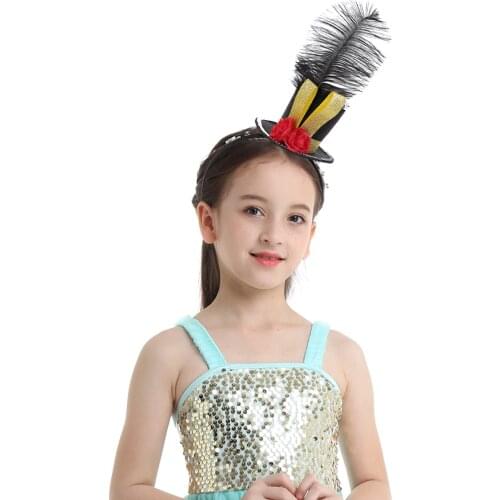 Kids Girls Steampunk Hat Feather Top Hat Fascinator Headband with Feather Rose Kids Tutu Dress Accessories Hair Hoop Feather Hat