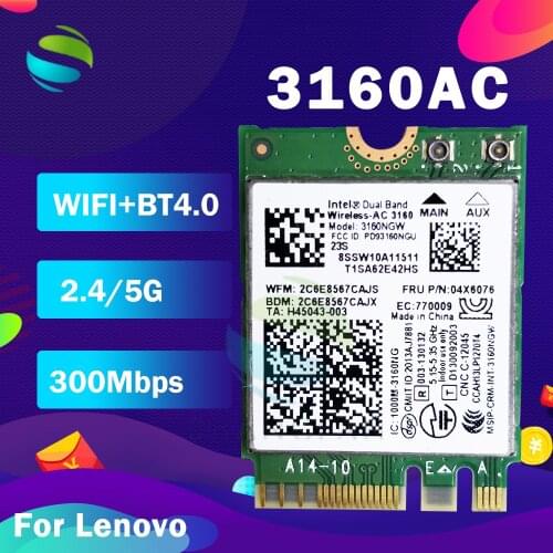 Dual Band 3160NGW AC AC3160NGW 3160AC NGFF 433Mbps+BT4.0 Wifi Card FRU:04X6034 04X6076 for IBM Y40 Y50 E10-30 E455 E555