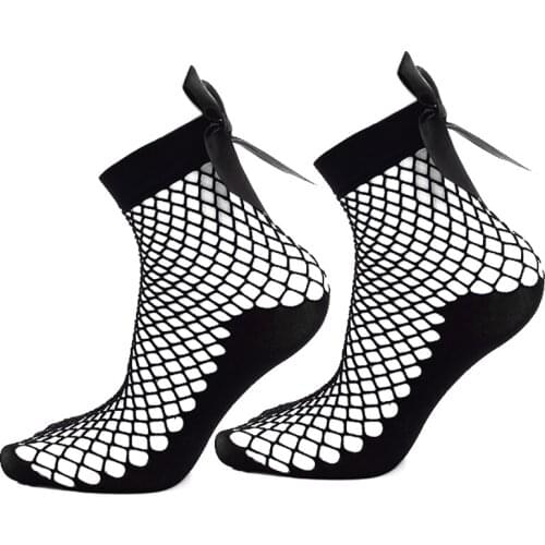 Summer Bow Fishnet Socks Women Thin Short Breathable Elastic Transparent Silk Mesh Socks Black Kawaii Frilly Woman Socks
