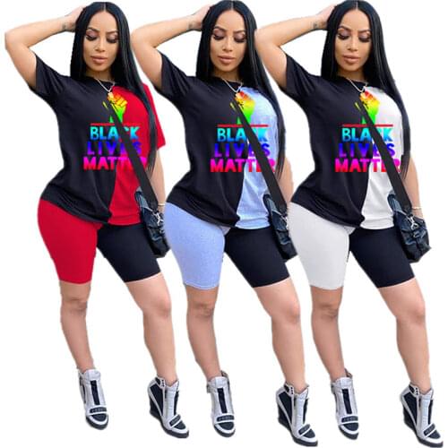 Trendy Letters Printed T-Shirt Contrast Color Shorts Suit for Women 2020 Summer European and American Hot Selling Two-Piece Set