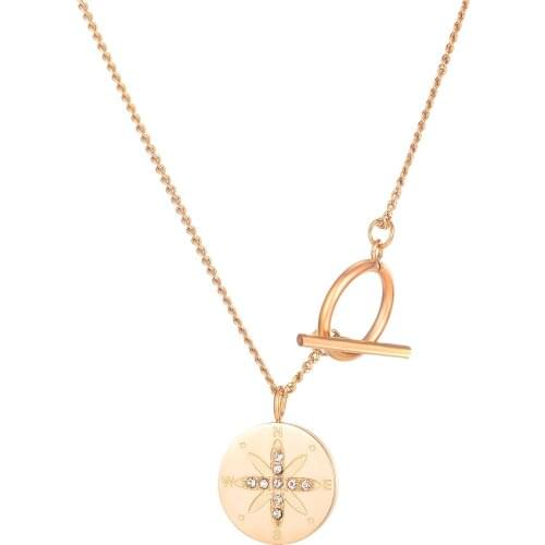 Fashion Minimalist Stainless Steel Round Pendants Women Necklaces Kpop Rose Gold Zircon Neck Chain Jewelery Accessories Necklace