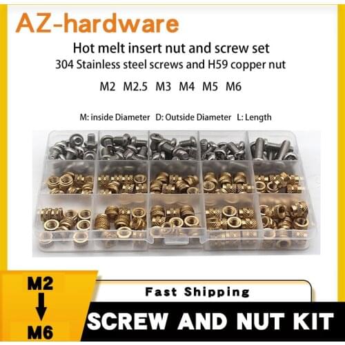 SL-type Double Twill Knurled Hot Melt Insert Nut And Screw Set 304 Stainless Steel Screw And Copper Thread Inlaid Nut Set