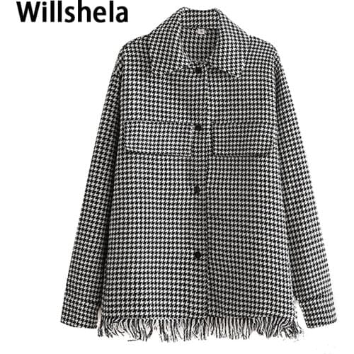 2021 New Women Jacket Houndstooth Overshirt Fringe detail Rough edge Chic Lady Fashion Casual Woman Coat Outfits Tops