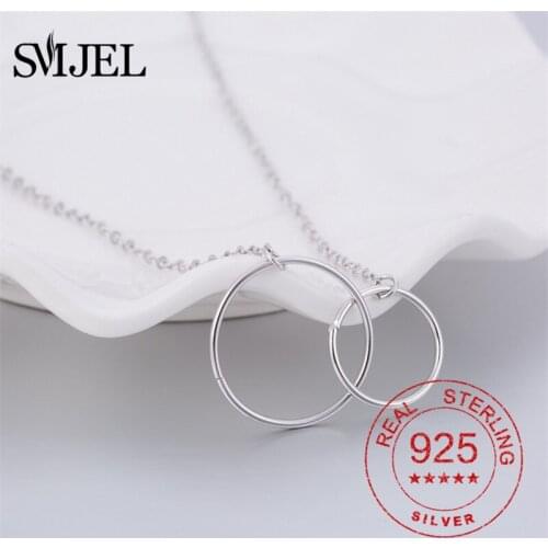 Real 925 Sterling Silver Double Circle Interlock Clavicle Necklace Simple Smooth Round Necklace For Women collares erkek kolye