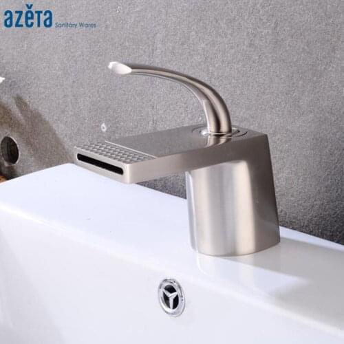 Azeta Basin Faucet Brass Brushed Nickel Waterfall Bathroom Basin Mixer Single Hole Basin Tap Deck Mounted Basin Faucet AT2606BN